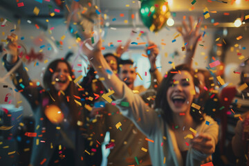 Obraz premium Joyous Office Party: Diverse Colleagues Celebrating with Dynamic Blurred Effect, Laughing, Dancing, and Excited Gestures, Confetti in the Air...