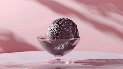  A sophisticated image featuring a single scoop of artisanal dark chocolate sorbet, elegantly presented in a glass bowl. - Powered by Adobe