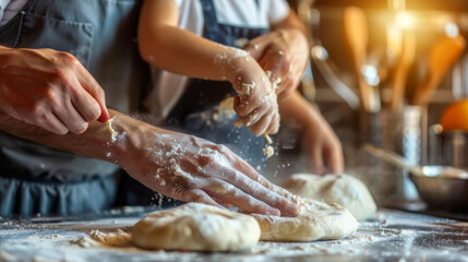 Dad and child cooking together in a modern kitchen, close-up of hands preparing dough, flour on their fingers