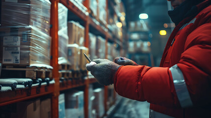 Fototapeta premium Hand of worker using thermometer to temperature measurement in the goods boxes with ready meals after import in the cold room or warehouse for keep temperature room