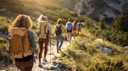 A group of six friends are hiking in the mountains. They are all wearing backpacks and carrying hiking poles. The sun is shining and the sky is clear.