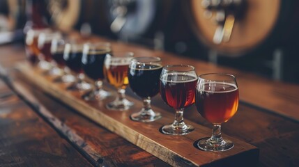 A beer tasting flight with small glasses of different beers, showcasing a range of flavors and colors.