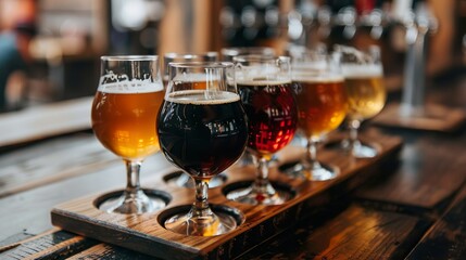 A beer tasting flight with small glasses of different beers, showcasing a range of flavors and colors.