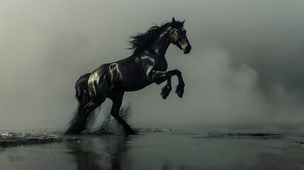  Captivating 3D artwork depicting a majestic black stallion in a dynamic pose, exuding strength and grace. 
