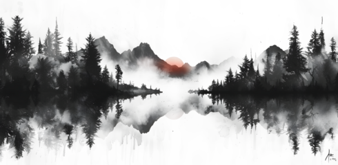 Seamless pattern with foggy mountains and pine trees in black and white colors. Hand drawn watercolor mountain landscape pattern. For print, graphic design, on white and transparent background