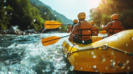 Four people are rafting down a river. They are all wearing life jackets and helmets. The water is rough, and the raft is bouncing up and down.