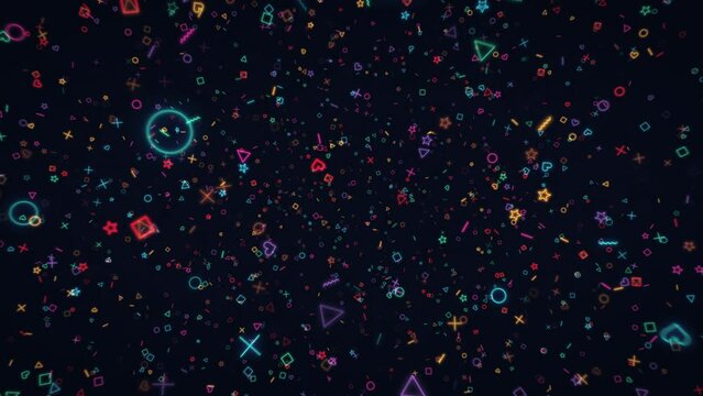ポップでカラフルなネオンのように光る記号のアブストラクト　ループ　スピード感のあるスペース