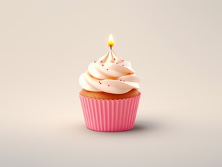 3D style imitation cartoon cupcake icon with pink frosting and a candle on top, set against a white background