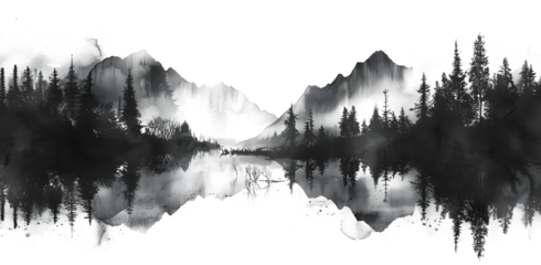 Seamless pattern with foggy mountains and pine trees in black and white colors. Hand drawn watercolor mountain landscape pattern. For print, graphic design, on white and transparent background