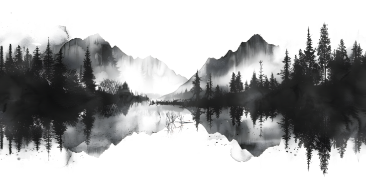 Seamless pattern with foggy mountains and pine trees in black and white colors. Hand drawn watercolor mountain landscape pattern. For print, graphic design, on white and transparent background