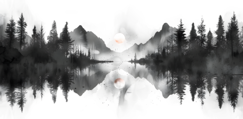 Seamless pattern with foggy mountains and pine trees in black and white colors. Hand drawn watercolor mountain landscape pattern. For print, graphic design, on white and transparent background