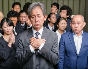 悲しむビジネスマンと囲む人々