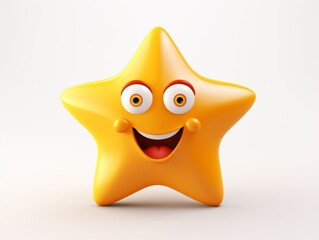 3D imitation cartoon star icon with a smiling face, yellow color, on a plain white background