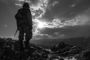 An emotional photo of a soldier from the Second Great War: a tragic wartime experience, a compelling portrait reflecting the depth of suffering and heroism in the struggle for freedom.