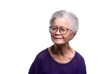Portrait of an elderly Asian woman looking at the camera with a smile while standing on a transparent background.