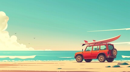 Fototapeta premium red car and surfboard on beautiful beach in summer, cartoon illustration, banner design poster advertising card summer themed decoration