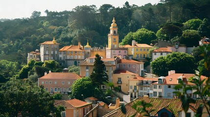 The picturesque village of Sintra in Portugal, with its colorful palaces and castles nestled amidst...