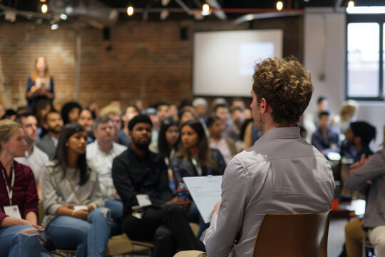 Startup Pitch Competition: Show a diverse audience at a startup pitch competition, with a focus on the presenters and judges, ensuring clear visibility of the pitch process.