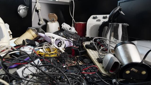 E-waste. Electronic and electrical waste. Broken computer, TV, household electrical appliances