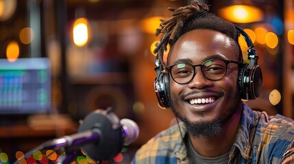 A smiling radio presenter wearing headphones reads the news into a studio microphone at a radio station. Generative AI