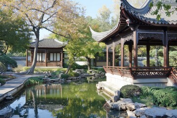 Naklejka premium A traditional Chinese scholar's garden with winding paths, pavilions, and tranquil ponds, inspired by ancient poetry and philosophy, Generative AI