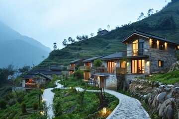 Fototapeta premium A tranquil Chinese mountain retreat with rustic stone cottages, terraced fields, and winding mountain paths, Generative AI