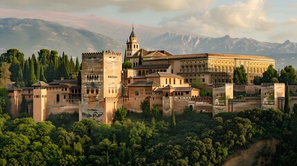 The stunning Alhambra Palace in Spain, framed by lush gardens and towering trees against the...