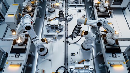 Robotic assembly line top view, showcasing robots efficiently assembling products - automated assembly, futuristic tone, Complementary Color Scheme