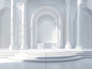 3D rendering of an empty white room with podium.