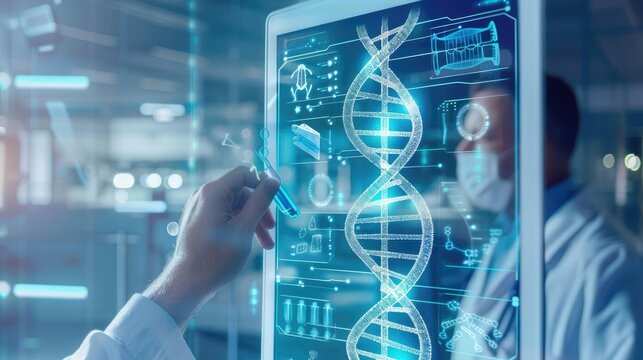 Genomic medicine front view, showing personalized treatment plans based on DNA - personalized health, technology tone, vivid