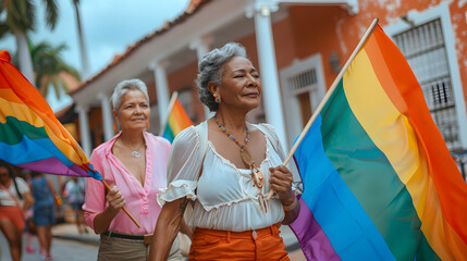 Couple smiling elderly Latin lesbian women walking in a colonial street during a gay pride march, holding gay pride flags