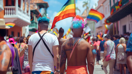 Obraz premium two black gay men walking on a colonial street during Gay Pride Day
