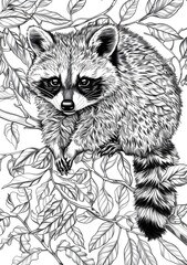 InkInfused Mischief A Playful Raccoon Monochrome Coloring Page for Educational Activity Books