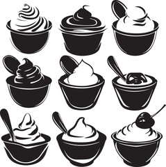 Black and White Dessert Bowls Vector: Ice Cream, Pudding, and Sundae Illustrations for Food and Restaurant Design Elements