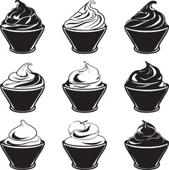 Black and White Vector Illustration of Ice Cream Cups: Dessert Graphics, Food Clipart, Sweet Treat Design Elements, Isolated on White