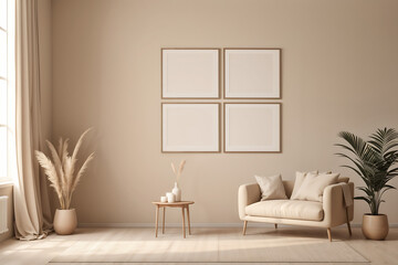 Mock up frame in home interior background, beige room with minimal decor, 3d render
