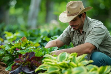 A man wearing a hat is gardening.