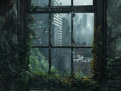 A post-apocalyptic view of a city from a window.