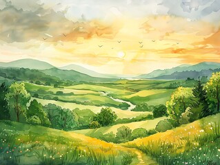 Obraz premium The watercolor painting shows a beautiful landscape with green hills, a valley, and a river running through it. The sky is a gradient of orange and yellow, with white clouds.