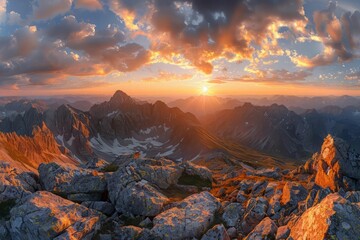 Amazing sunset in the mountains. The sky is ablaze with color, and the peaks are silhouetted against the horizon.