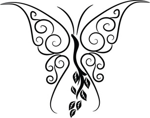 A black and white drawing of a butterfly with a black outline