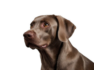 Cute playful dog or pet playing and looking happy isolated on transparent background. A small brown weimaraner posing. Cute and happy dog ​​head on transparent png