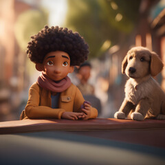 3D Animated African American Boy with Curly Hair and Dog