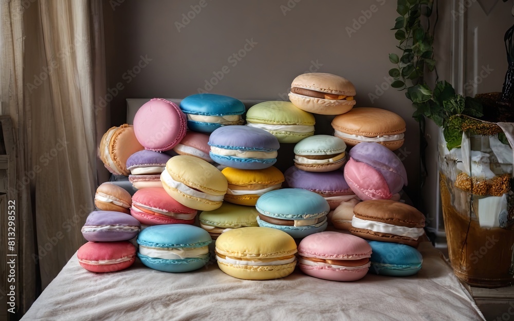 Poster A stack of colorful macarons on a table