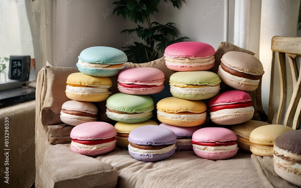 Poster a stack of colorful macarons on a couch