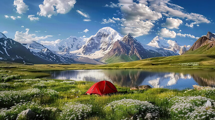 A campsite nestled in a colorful meadow, surrounded by wildflowers and the distant peaks of snow-capped mountains. Generative AI