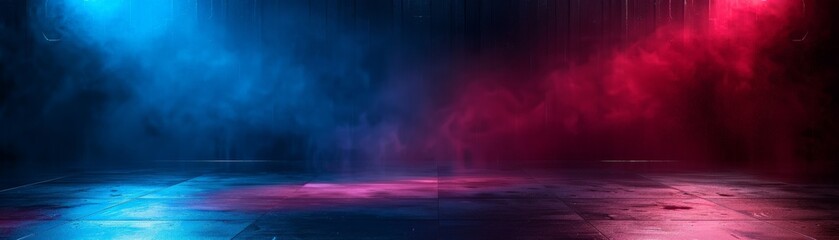 Obraz premium Blue and red neon spotlights illuminate an empty stage with a shiny reflective floor.