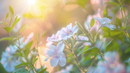 A close up of a bunch of pink flowers with the sun shining on them. The flowers are in full bloom and the sunlight is casting a warm glow on them. Concept of beauty and tranquility - Powered by Adobe