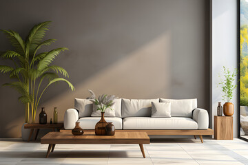 White sofa against tv unit. Minimalist luxury home or hotel interior design of modern living room