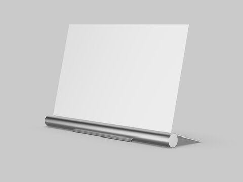 Blank acrylic sign holder display counter top metal stand template, 3d illustration.